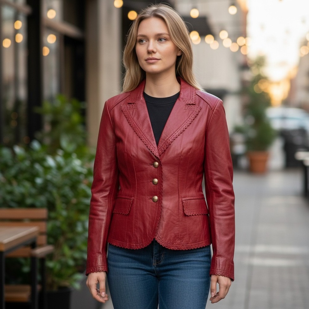 Cabo‎ Womens Red Scalloped Leather Blazer Jacket Tailored Three Button Coat